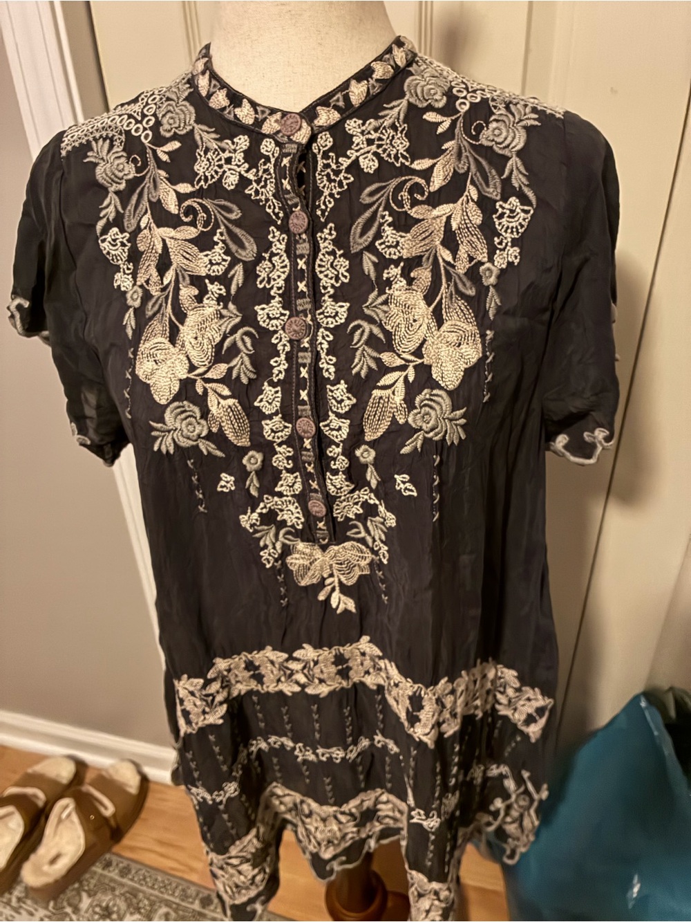 Johnny Was Black Tunic with Cream Floral Embroidery